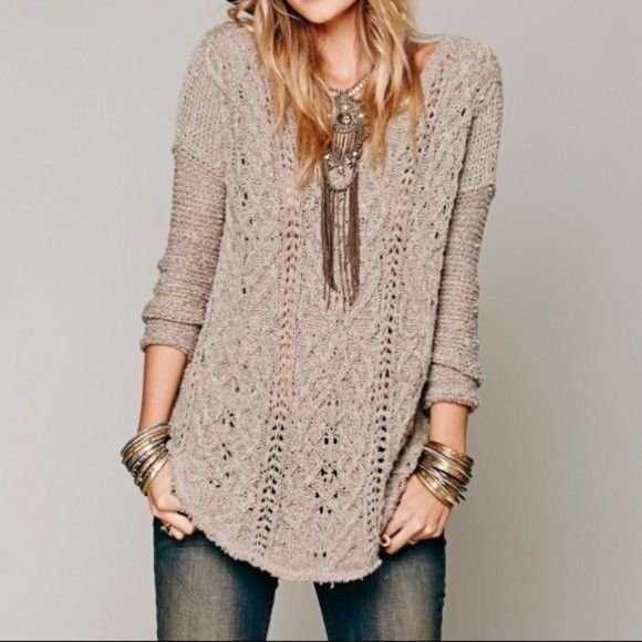 FREE PEOPLE Cross My Heart Knit Tunic Sweater XS Fringe Oversized Tan EUC B72 - Picture 1 of 6